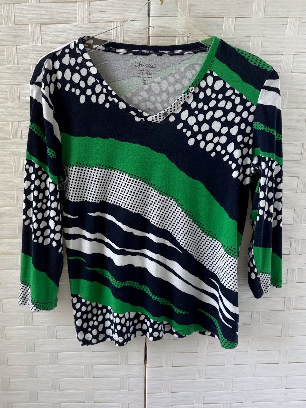Chico’s Size Medium Navy Green 3/4 Sleeve V Neck Cotton Office Cruise Nautical